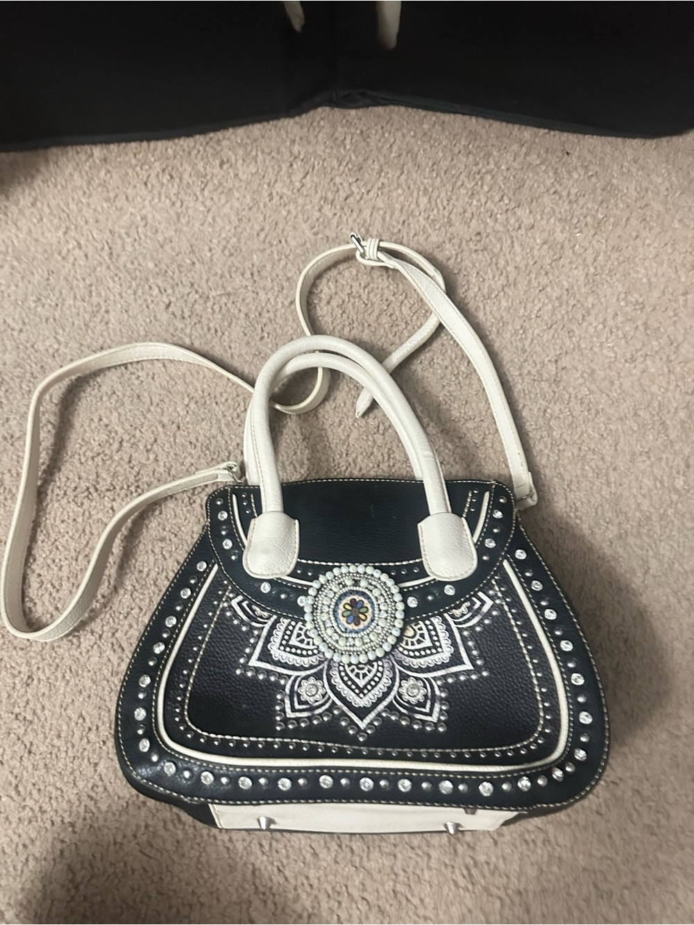 Montana West Black and Cream Embellished Satchel with Beaded Medallion